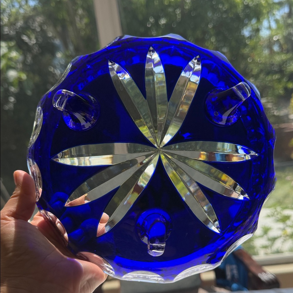 Vintage Cobalt Blue Cut Glass Decorative Bowl - Home Art 8” width , 3” tall - Picture 6 of 13